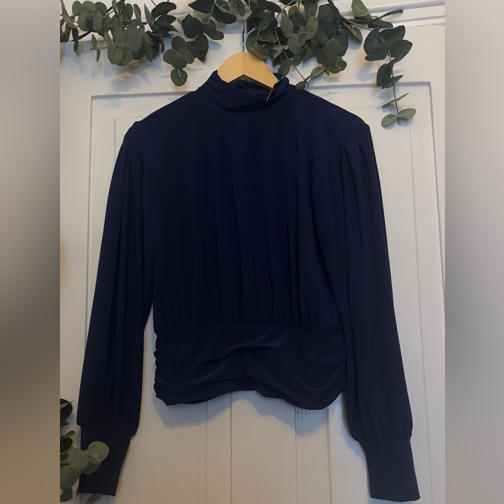 NWT Express Matte Jersey Mock Neck Blouson Sleeve Open Back Top, Size M